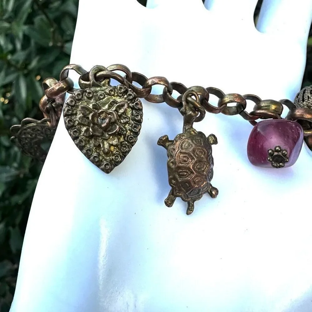 Brass  copper Charm Bracelet Pink Beads Turtle Heart Elephant Locket Horseshoe